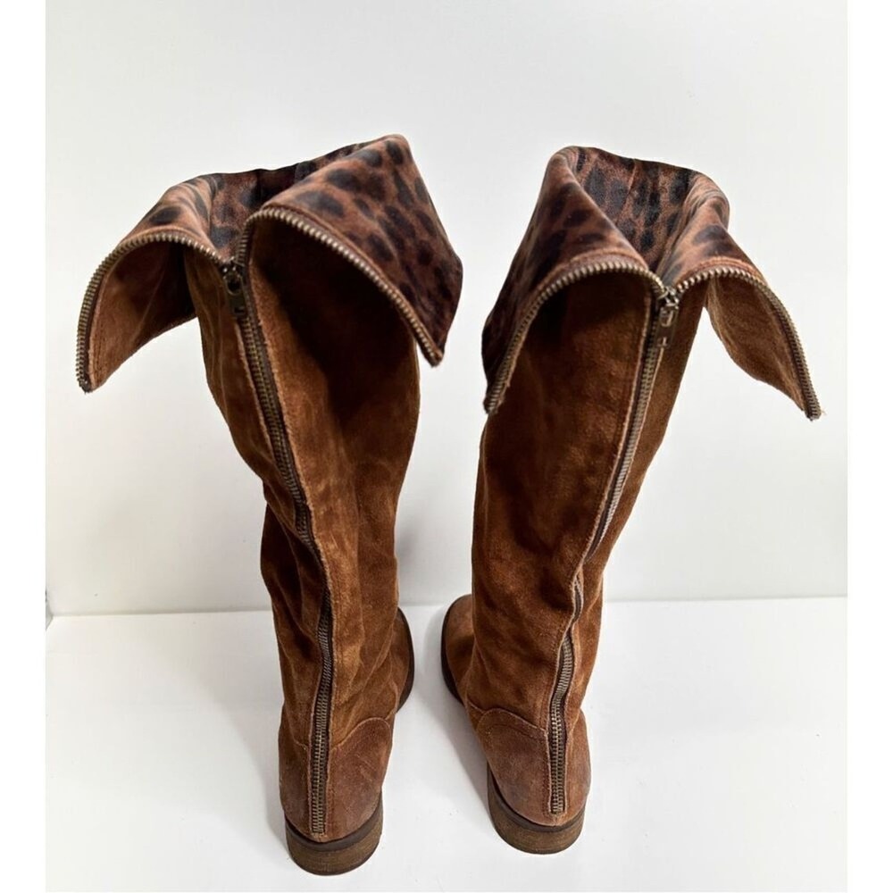 Born Malena‎ Tan Suede Leopard Print Cuff Tall Boots Back Zip 5.5M - Picture 5 of 9